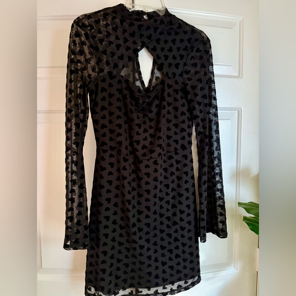 River Island Y2K Black Velvet Heart Mesh Mini Dress Sz 4  Witchy Whimsigoth